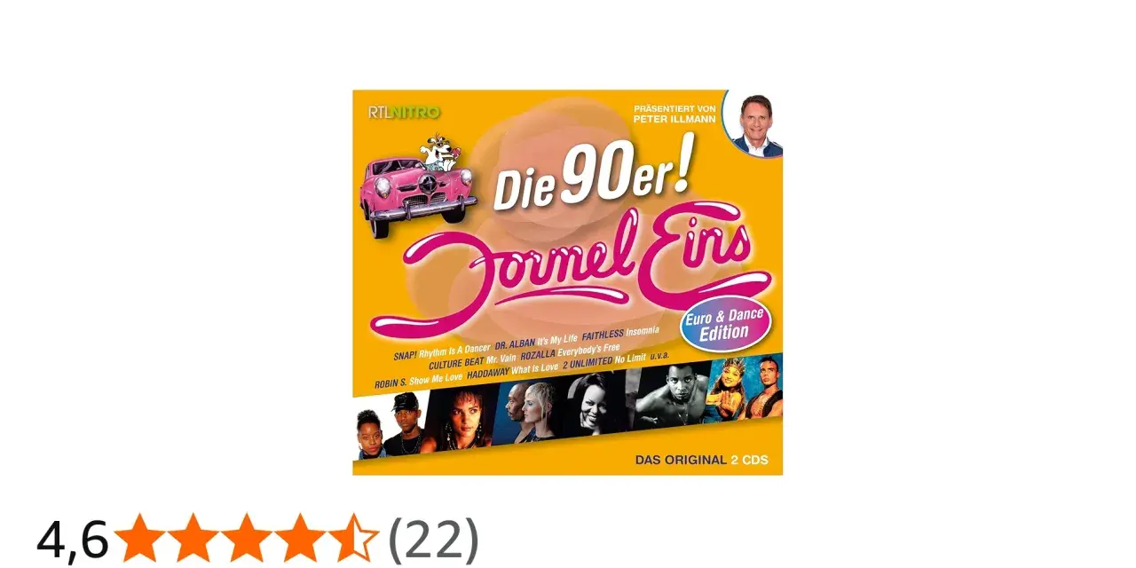 CD-Cover "Die 90er! Formel Eins Euro & Dance Edition" mit rosa Auto und Künstlern. Ein Muss für Fans von Eurodance 90er!