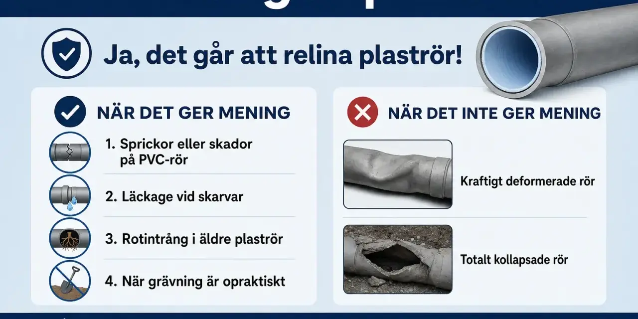 Information om relining av avlopp. Visar när det lönar sig (sprickor, läckage, rotintrång, opraktisk grävning) och när det inte gör det (kraftigt deformerade, kollapsade rör).