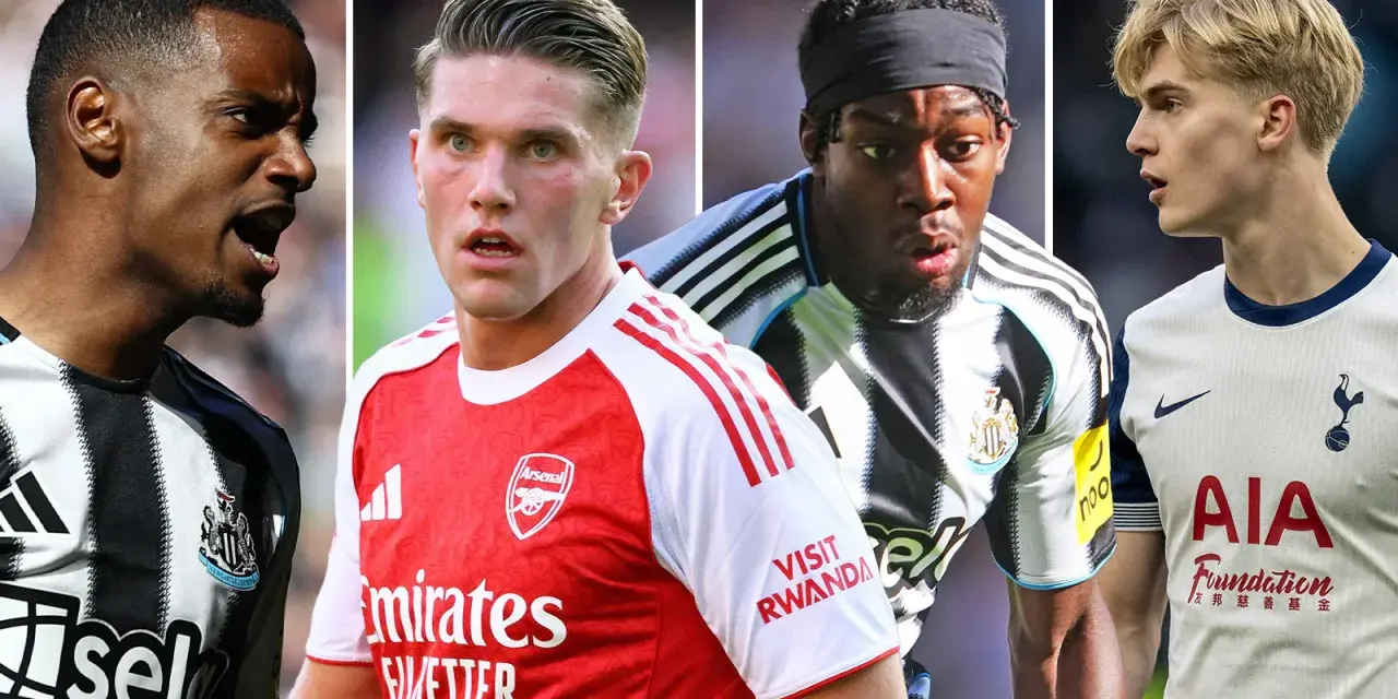 Fyra fotbollsspelare i Premier League: en i Newcastle-tröja, en i Arsenal-tröja, en till i Newcastle-tröja och en i Tottenham-tröja.