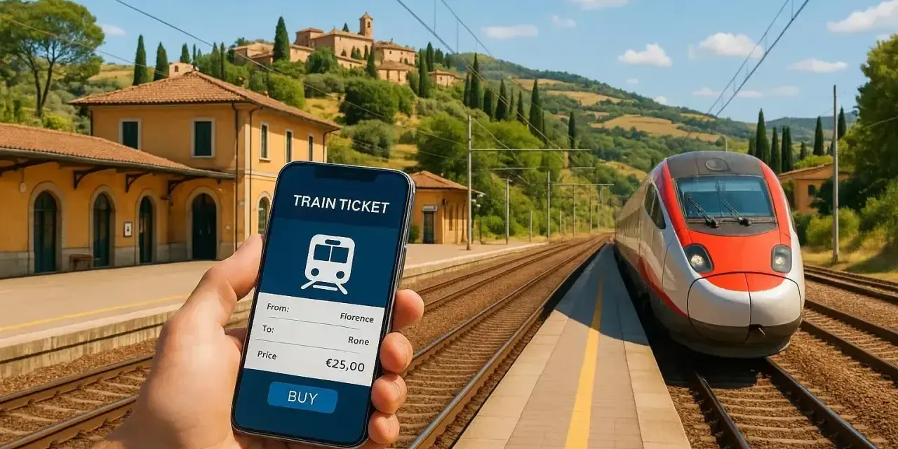 Chcesz wiedzieć, jak kupić bilet na pociąg we Włoszech? Na ekranie telefonu widzisz aplikację z trasą Florencja-Rzym i ceną 25 euro.