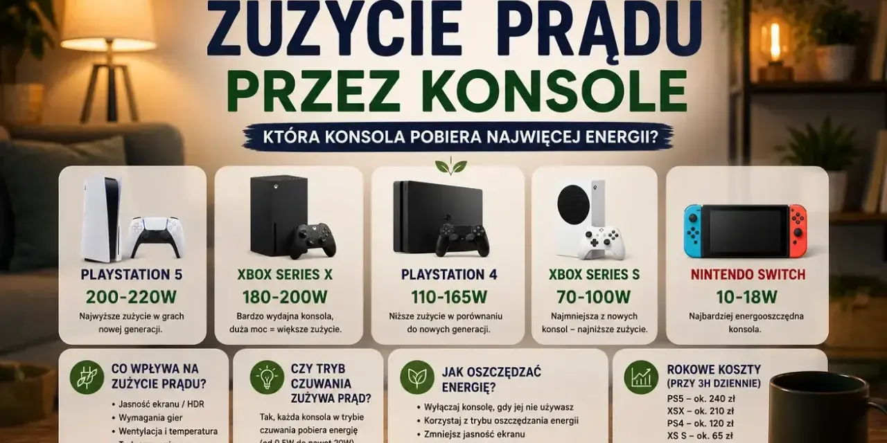 Porównanie zużycia prądu przez konsole: PS5, Xbox Series X/S, PS4, Switch. Dowiedz się, która konsola pobiera najwięcej energii i jak oszczędzać prąd.