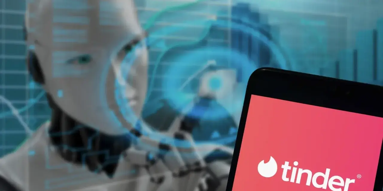 Robot analizujący dane, obok ekran telefonu z logo Tinder. Czy to przyszłość randek dla intj?