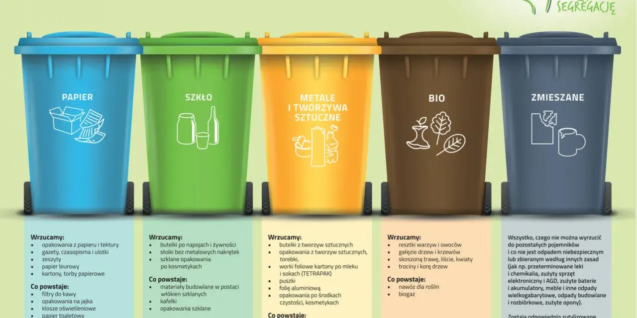 Pięć kolorowych koszy na śmieci przypomina, co wrzucamy do segregacji, gdy jest światowy dzień recyklingu.