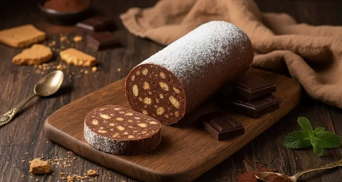 Un delizioso salame al cioccolato, cosparso di zucchero a velo, su un tagliere di legno. Biscotti, cioccolato e menta completano la scena.