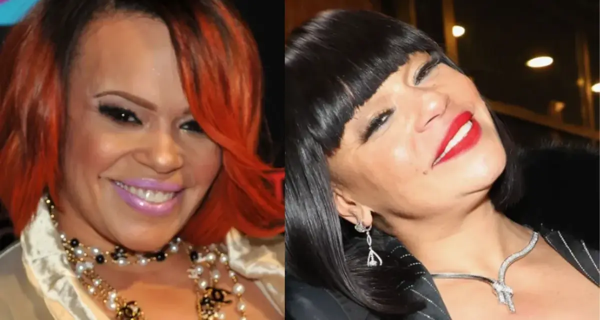Faith Evans, wokalistka, z rudymi włosami i fioletową szminką, obok siebie w czarnej peruce i czerwonej szmince. Jej mąż, Stevie J, jest również znany z życia publicznego.
