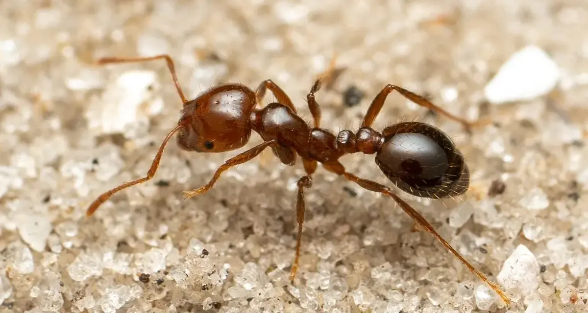 Una hormiga roja pequeña, con su cuerpo segmentado y patas finas, camina sobre la arena granulada.