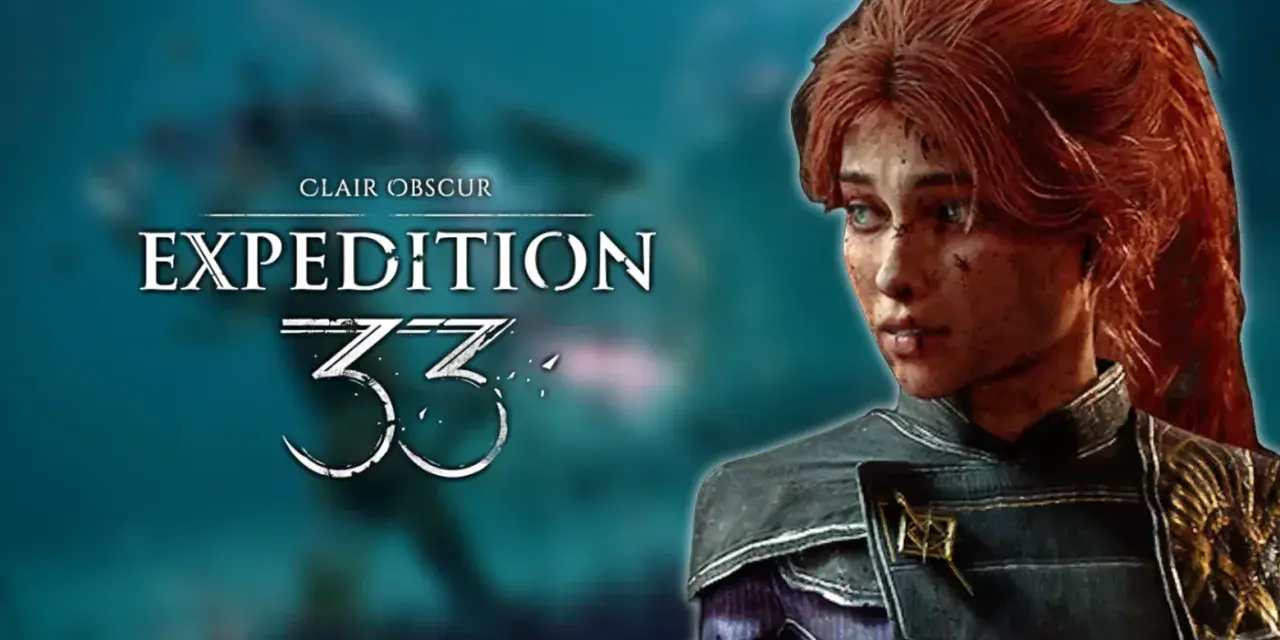 Una mujer con cabello rojo y ojos azules, con el logo "Clair Obscur Expedition 33" al lado.