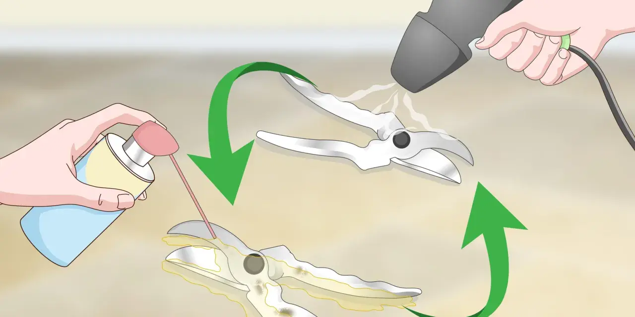 Hands spray lubricant onto pruning shears to remove rust. A heat gun is then used to dry them.