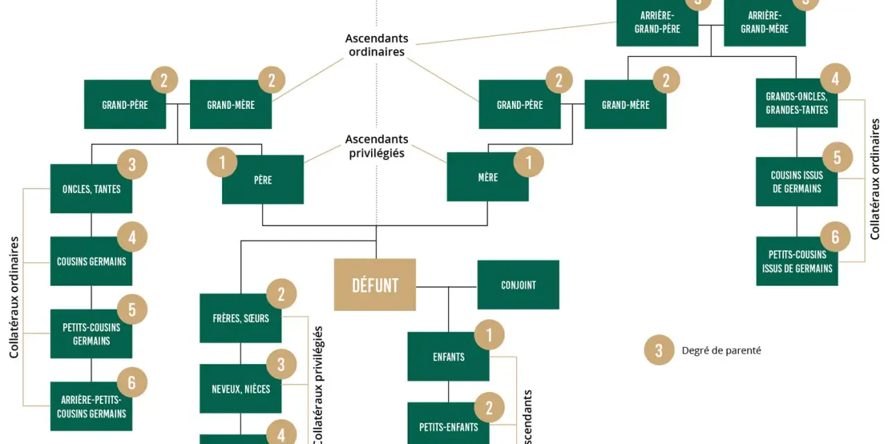 Arbre généalogique montrant comment retrouver les descendants d'une personne décédée, avec les liens familiaux et les degrés de parenté.