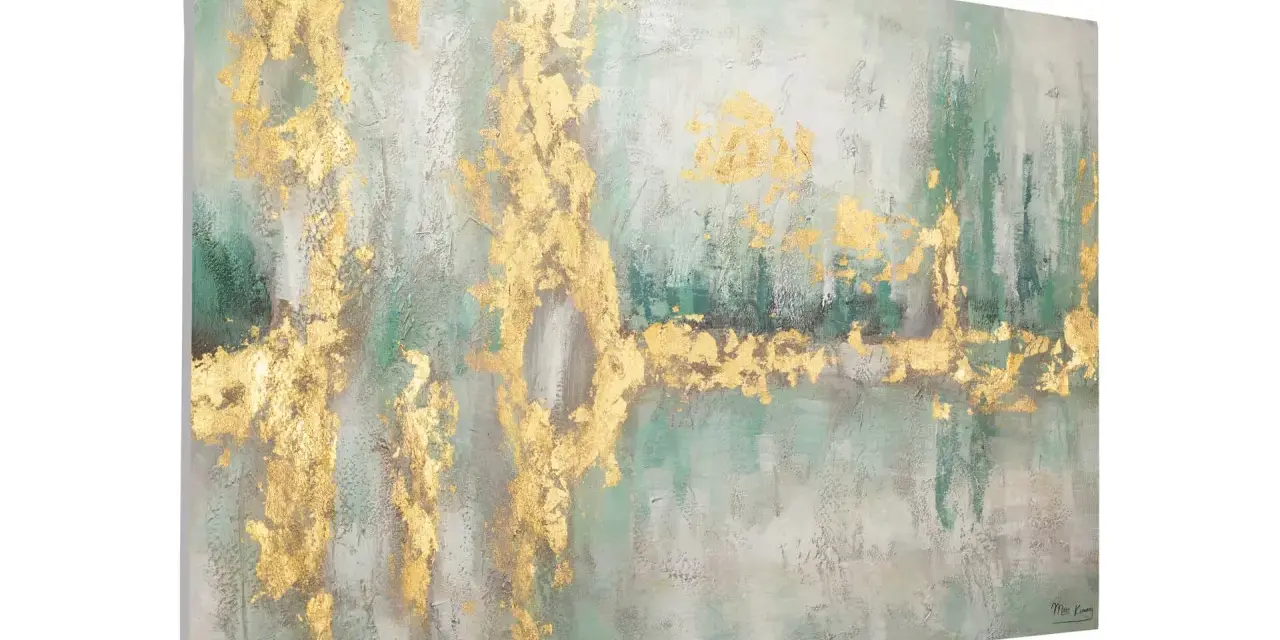 Tableau abstrait aux tons verts et dorés, texture riche. Une image à peindre facile pour un rendu lumineux et moderne.
