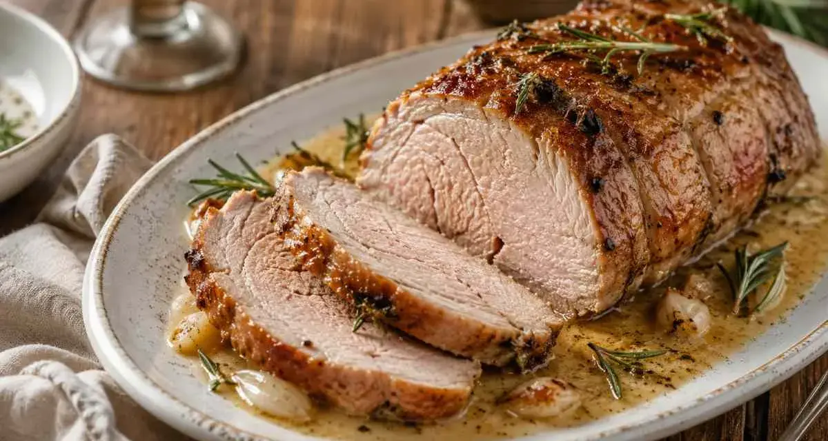 Arrosto di maiale morbido con sughetto dorato, profumato al rosmarino, servito su un piatto bianco.