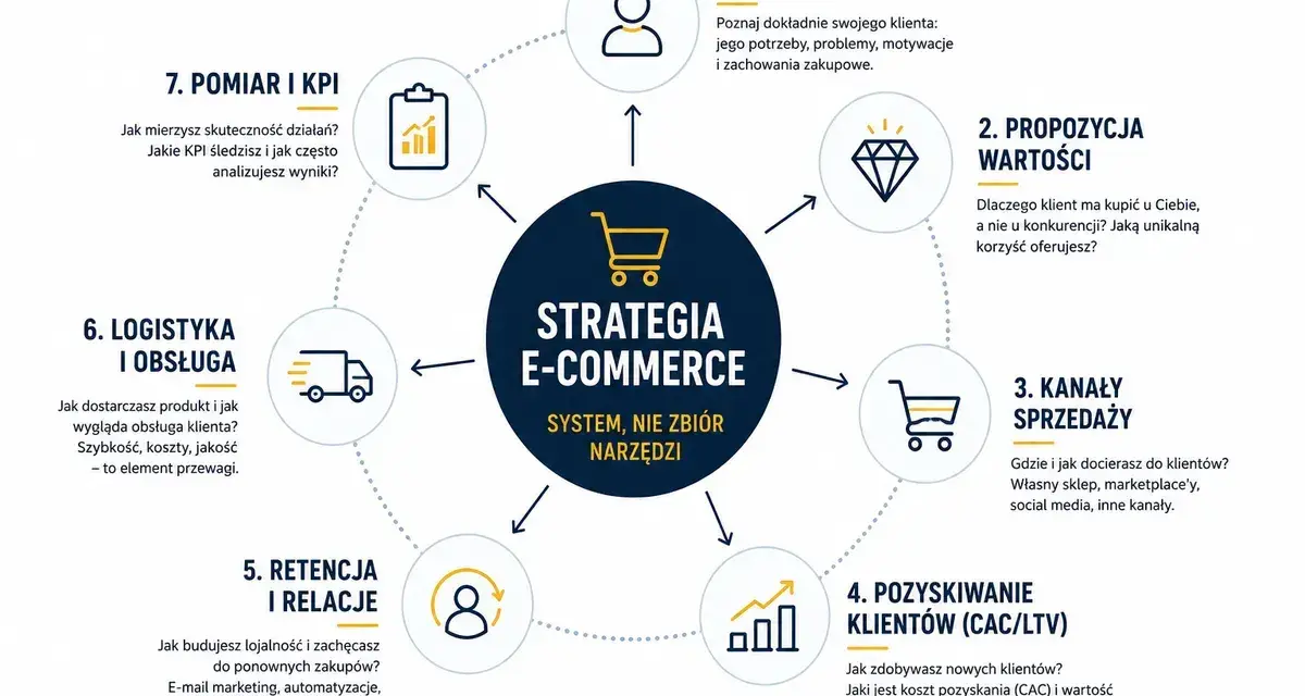 Schemat strategii e-commerce: persona, propozycja wartości, kanały sprzedaży, pozyskiwanie klientów, retencja, logistyka, pomiar. Jak co na zapalenie ucha, tak strategia e-commerce wymaga kompleksowego podejścia.