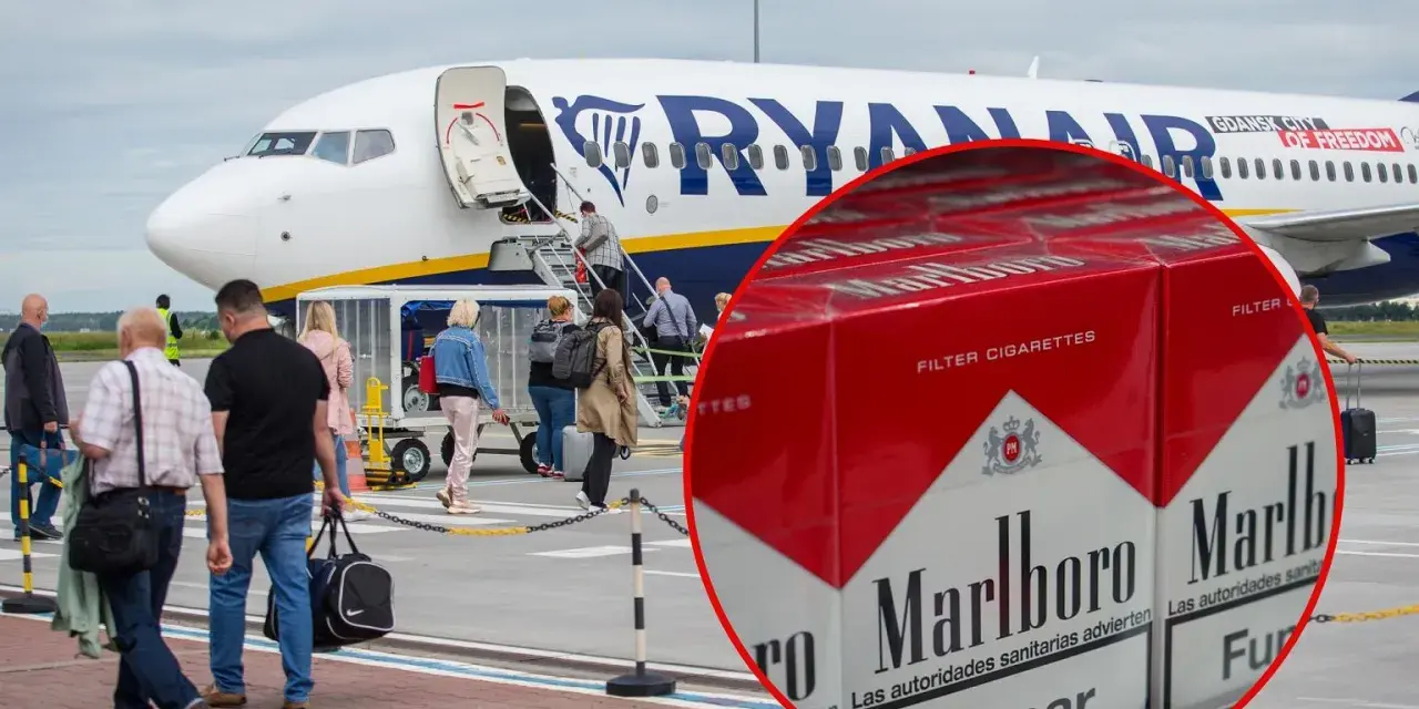 Pasażerowie wsiadają do samolotu Ryanair, a w tle widać paczki papierosów Marlboro. Zastanawiasz się, ile paczek papierosów można przewieźć samolotem?