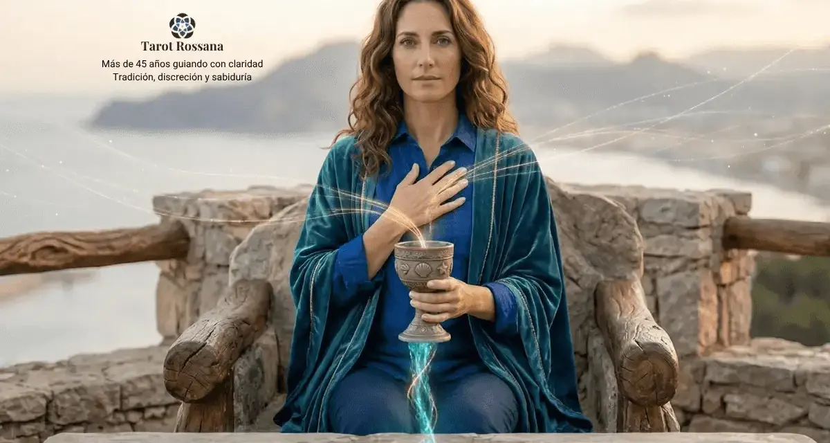 La reina de copas tarot, una mujer serena con una copa en la mano, irradia sabiduría y conexión emocional.