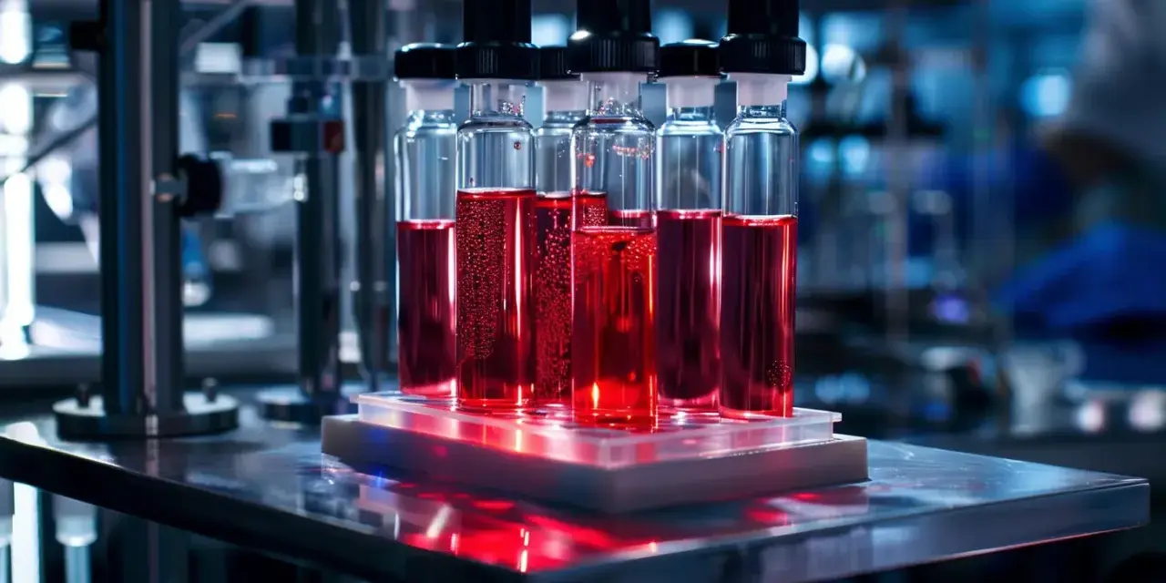 Szklane probówki z czerwonym płynem w laboratorium, podświetlone od spodu.