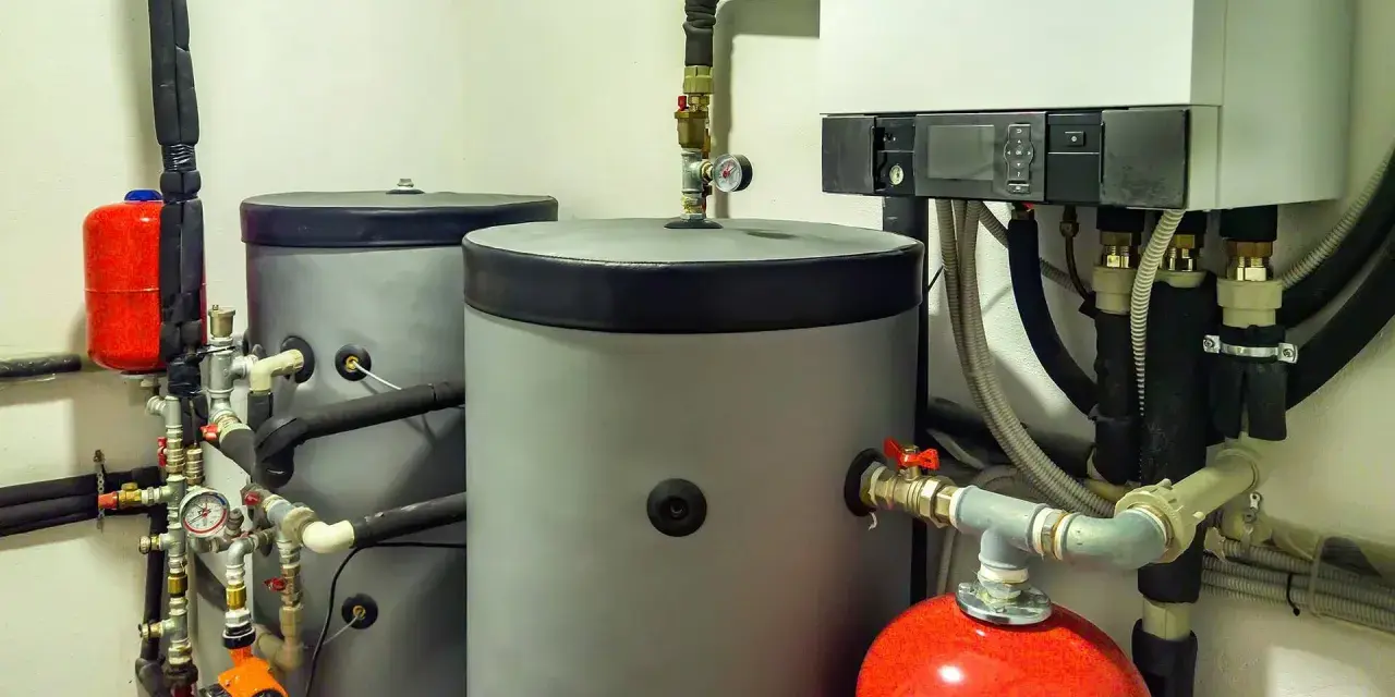 Installazione scaldabagno a pompa di calore con serbatoi grigi, serbatoio rosso e caldaia bianca.