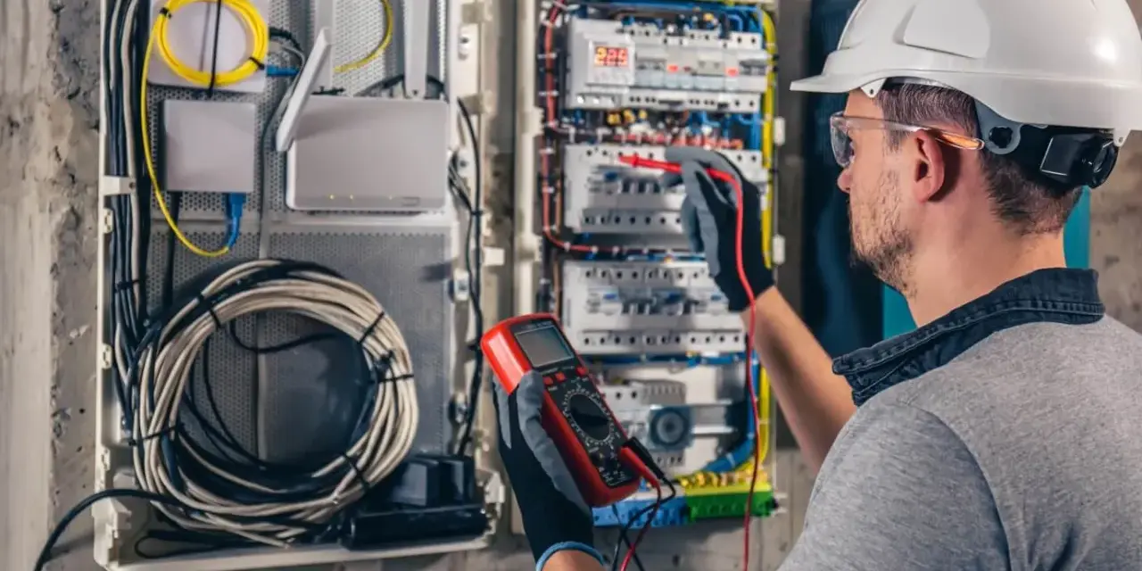 Elektryk w kasku przeprowadza przegląd instalacji elektrycznej, używając multimetru do pomiarów.