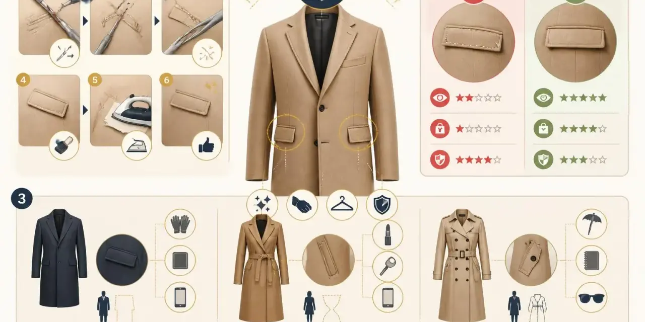 Illustration d'un manteau beige avec des étapes de couture et des icônes de mode.