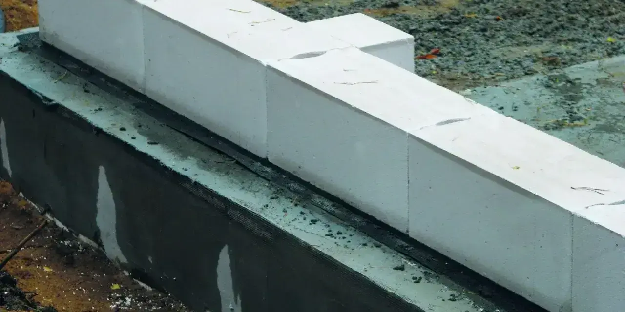 Białe bloczki betonowe układane na warstwie izolacji. Widać wilgotną zaprawę i ziemię wokół fundamentów.