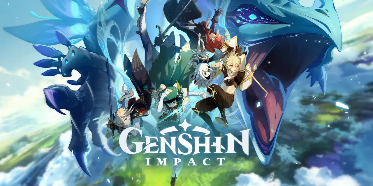 Postacie z Genshin Impact na tle smoka i chmur. Gra dostępna na Xbox One.