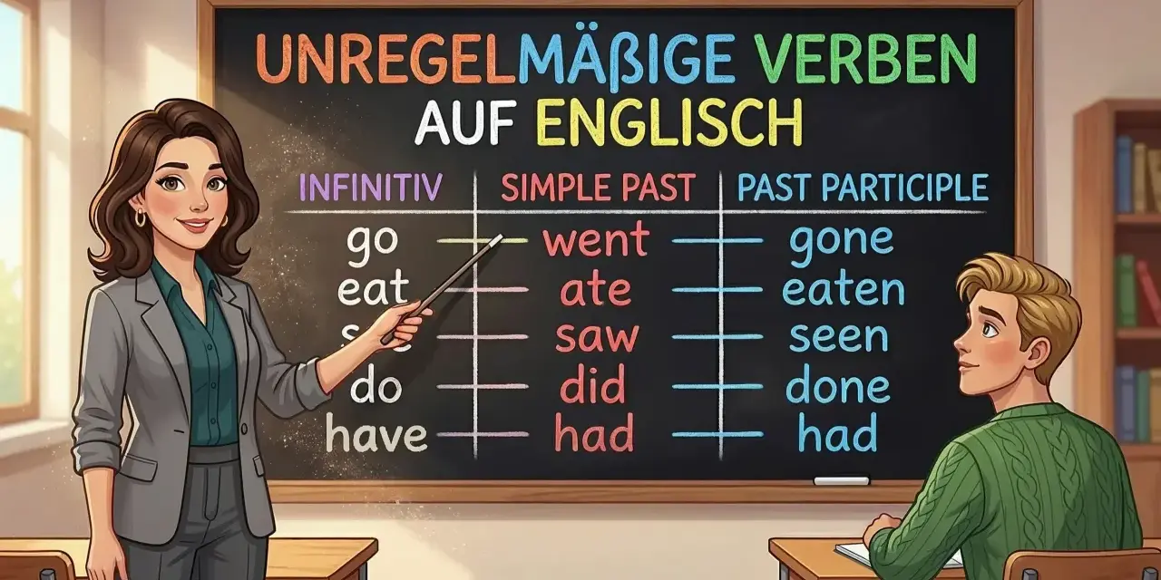 Lehrerin erklärt einem Schüler unregelmäßige verben englisch auf einer Tafel.