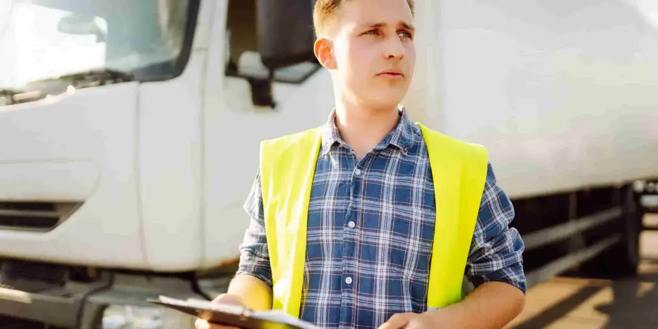 Młody mężczyzna w kamizelce odblaskowej trzyma dokumenty przy białej ciężarówce, gotowy do rozpoczęcia transportu.