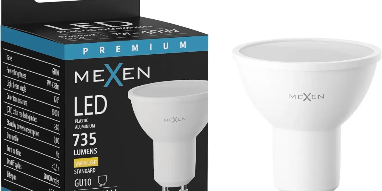 Żarówka LED MEXEN GU10, 7W, 735 lumenów, ciepłe światło. Noryl w obudowie zapewnia trwałość.