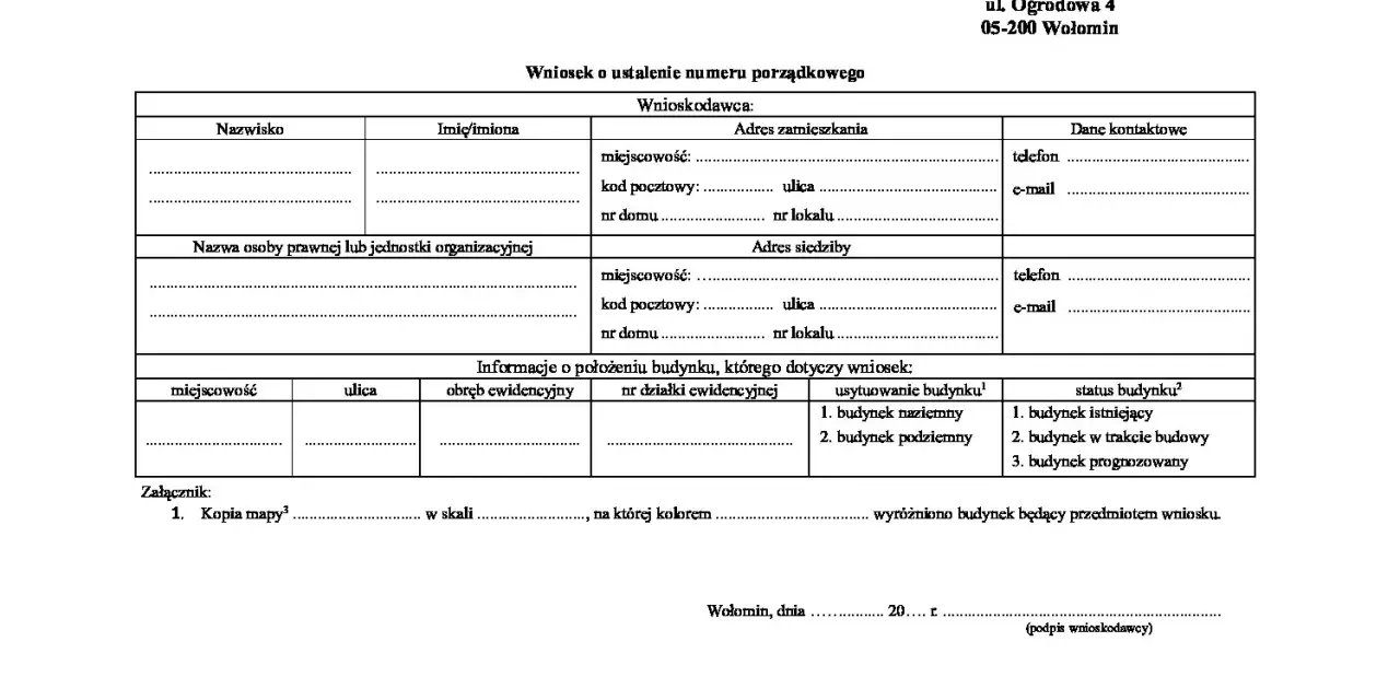 Wniosek o nadanie numeru domu. Formularz zawiera dane wnioskodawcy, adres zamieszkania i siedziby, informacje o położeniu budynku oraz załączniki.