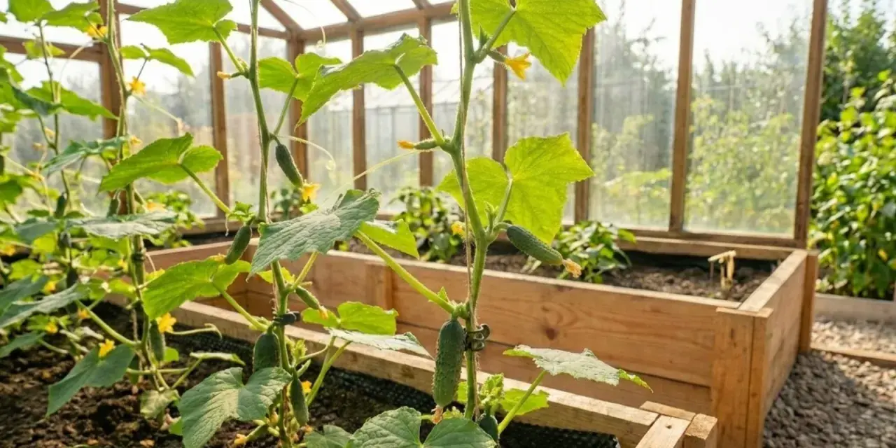 Gurkplantor i växthus med små gurkor och gula blommor. Det är dags att toppa gurkplantor för att främja tillväxt.