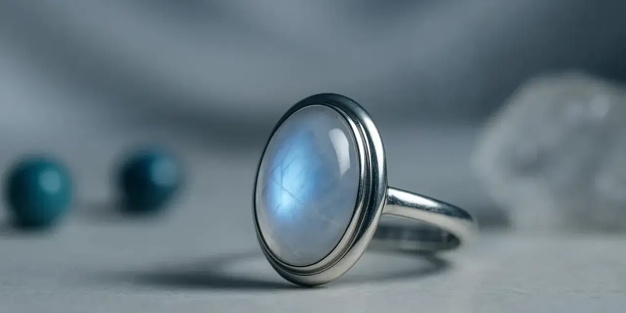 Anello con pietra di luna, che evoca le sue proprietà mistiche e calmanti.