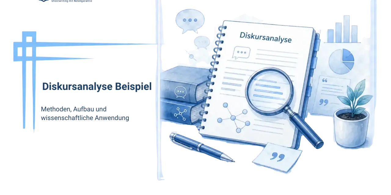 Ein **Praktikumsbericht Deckblatt** mit dem Titel "Diskursanalyse Beispiel". Es zeigt Bücher, ein Notizbuch mit Lupe und Stift, sowie Diagramme.