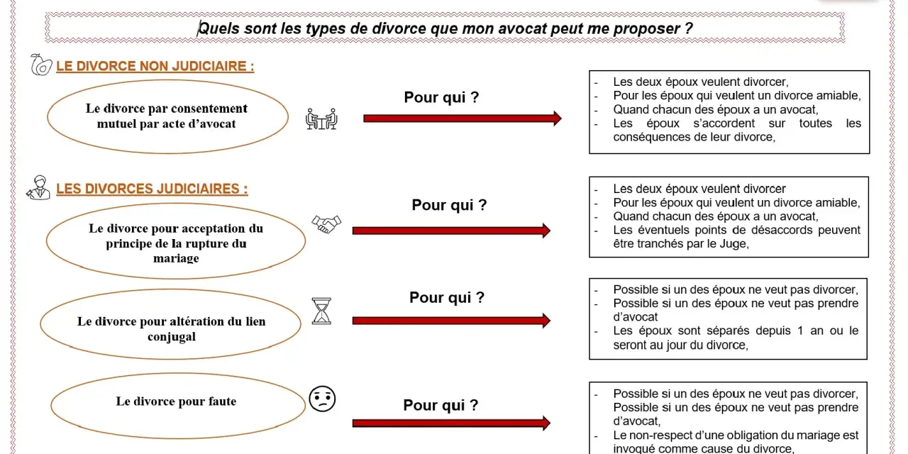 Schéma des types de divorce : amiable, acceptation du principe de rupture, altération du lien conjugal, faute. Un avocat est essentiel pour chaque divorce.