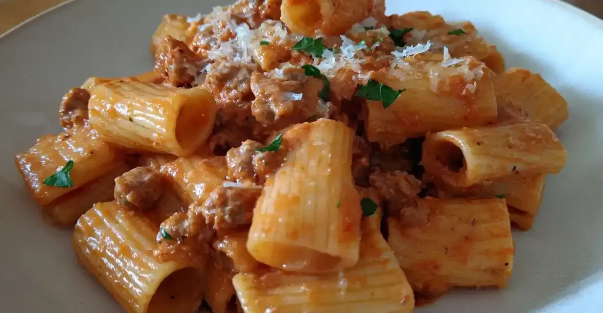 En portion salsicciapasta, som Benjamin lagat, med rigonsås och toppad med parmesan och persilja.