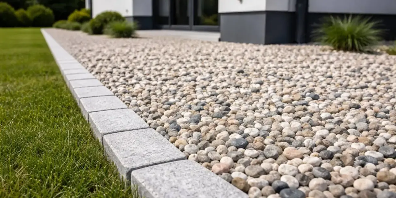 Nowy, schludny podjazd z kamyków i betonowa opaska wokół domu tworzą estetyczną całość.