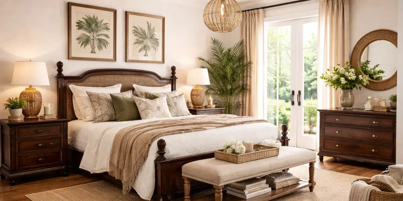 Dormitorio con cama de madera oscura, cabecero de ratán y cuadros de palmeras, evocando un acogedor estilo colonial.