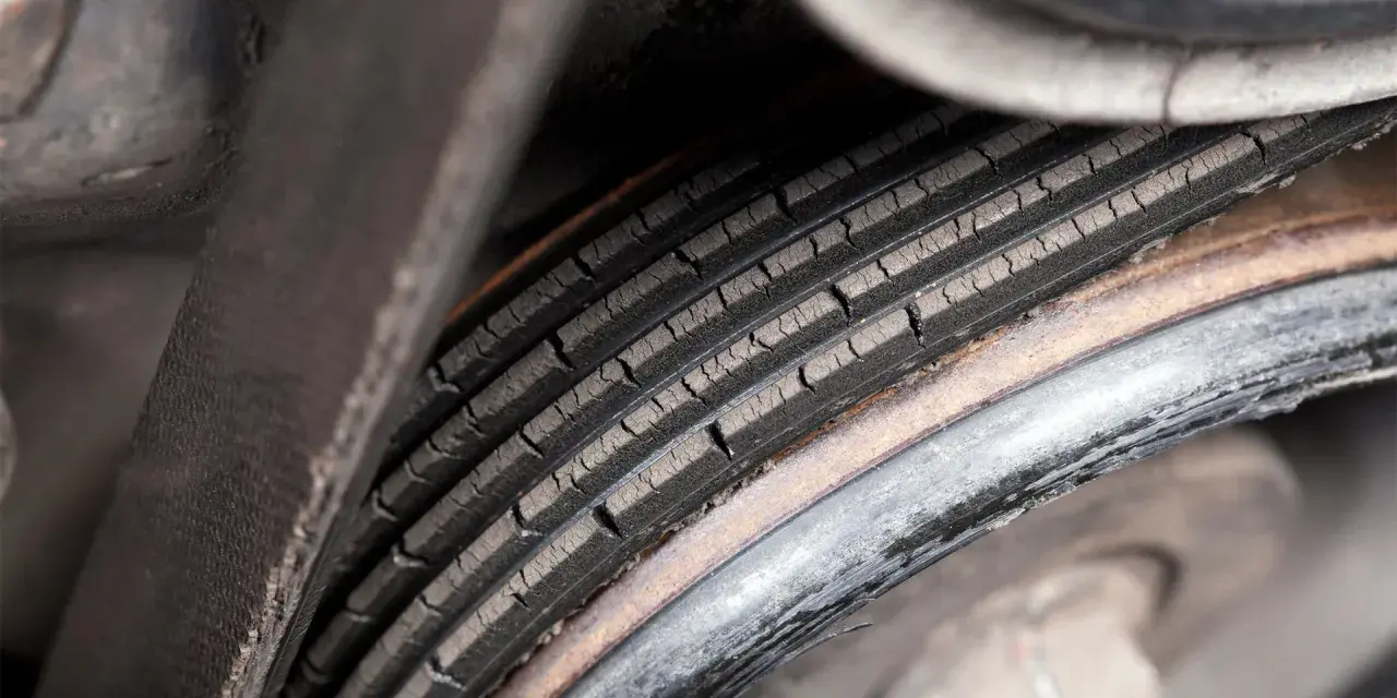 Cracked serpentine belt, a common cause of belt failure, shows signs of wear and tear.
