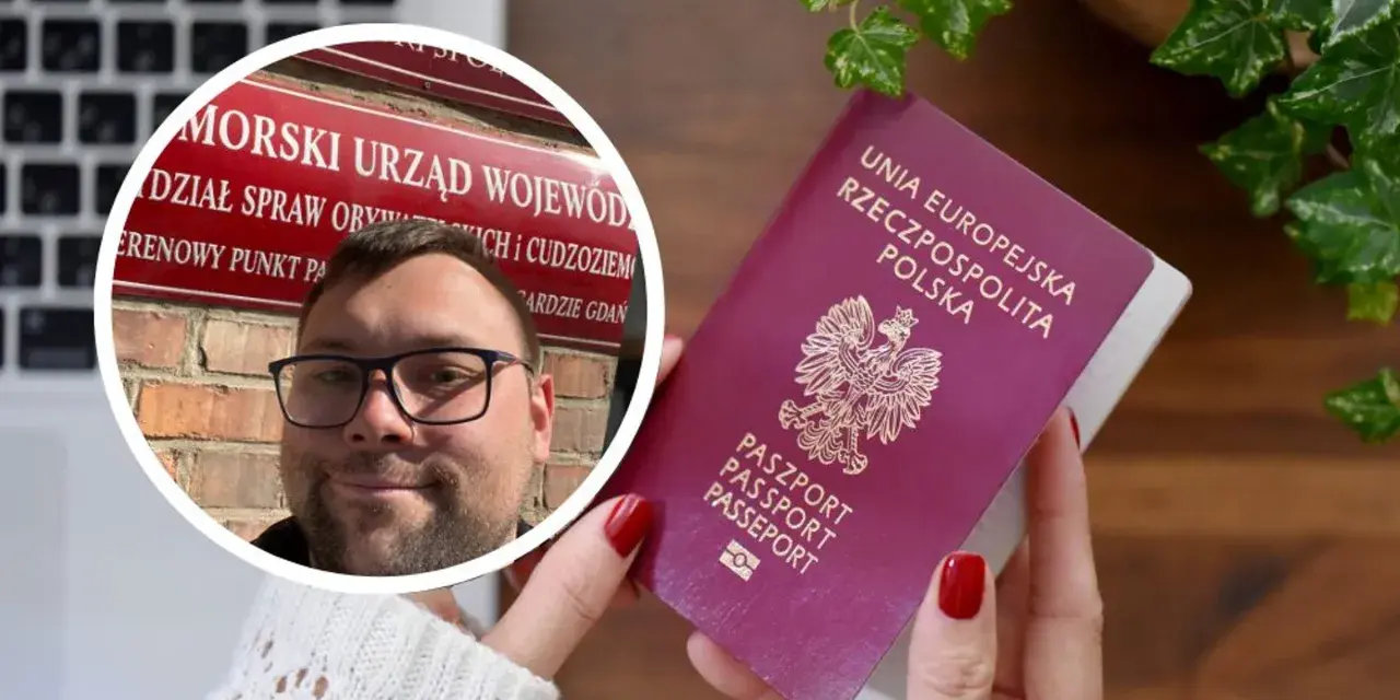 Mężczyzna w okularach przed urzędem, obok paszport. Dowiedz się, ile wcześniej można wymienić paszport, by uniknąć problemów.