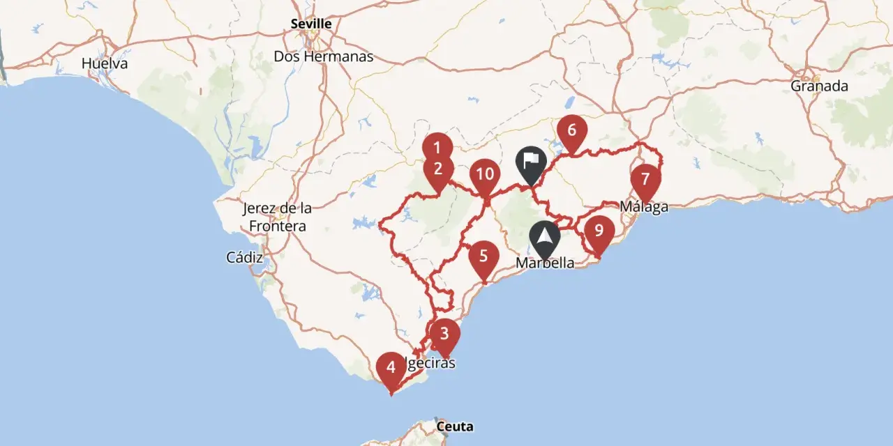 Mapa z zaznaczonymi punktami na trasie po Andaluzji. Zobacz, co warto zobaczyć w regionie, od Sewilli po Malagę.