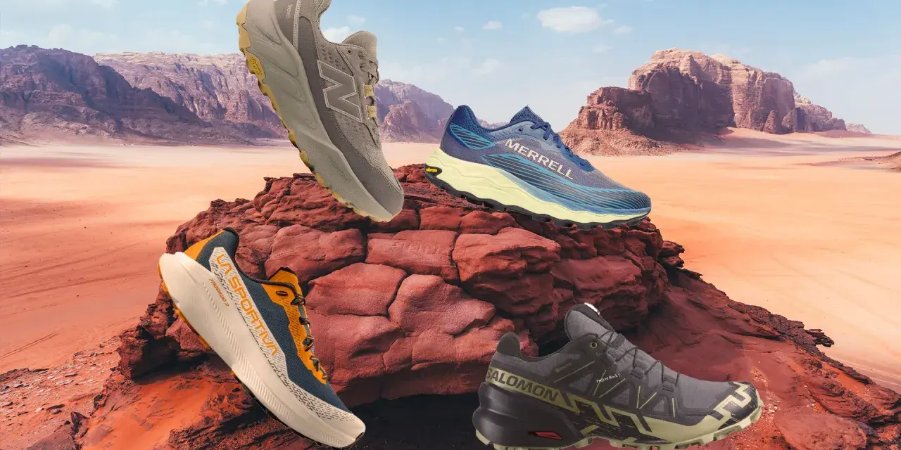 Scarpe trail running: un New Balance, un Merrell, un La Sportiva e un Salomon su rocce rosse nel deserto.