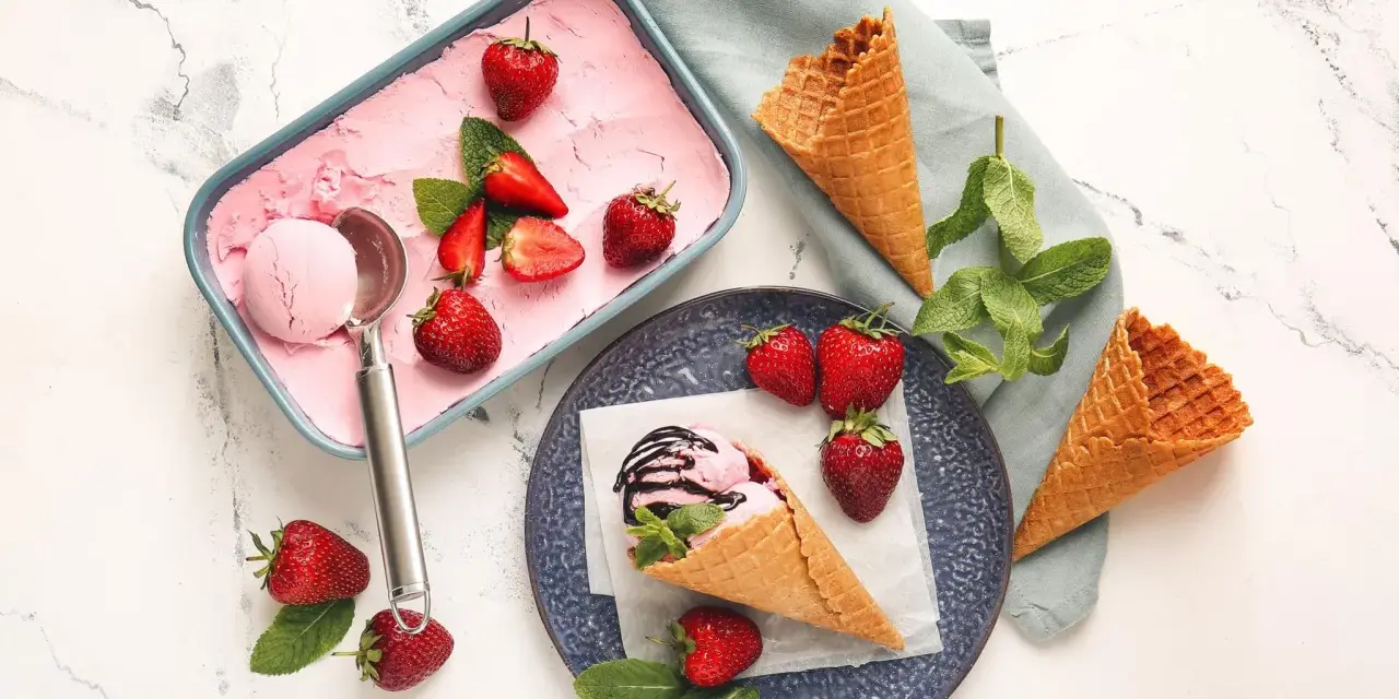 Ein Behälter mit rosa Obst Eis, Erdbeeren und Minze. Ein Eisbecher mit Eis und Schokoladensauce.