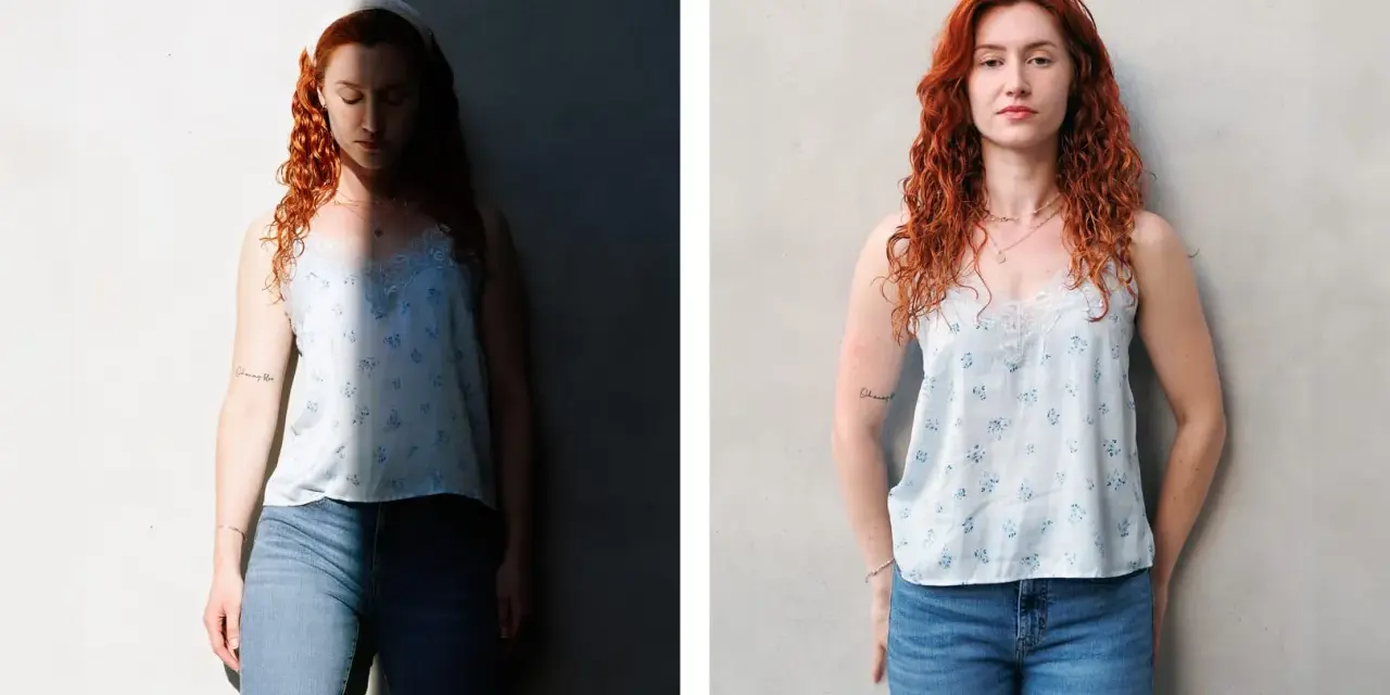 Diptyque : femme rousse aux cheveux bouclés, un côté dans la lumière, l'autre dans l'ombre. Le **contraste photo** accentue son regard pensif.