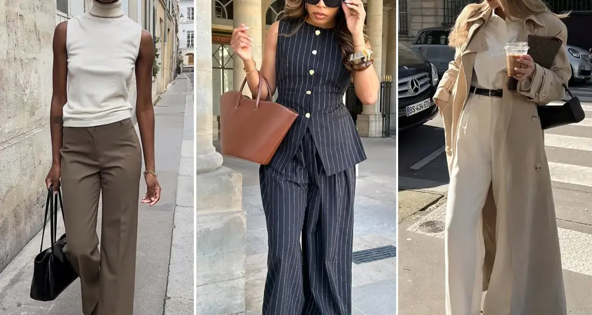 Tre donne sfoggiano un elegante outfit ufficio: pantaloni a palazzo, gilet gessato e trench.
