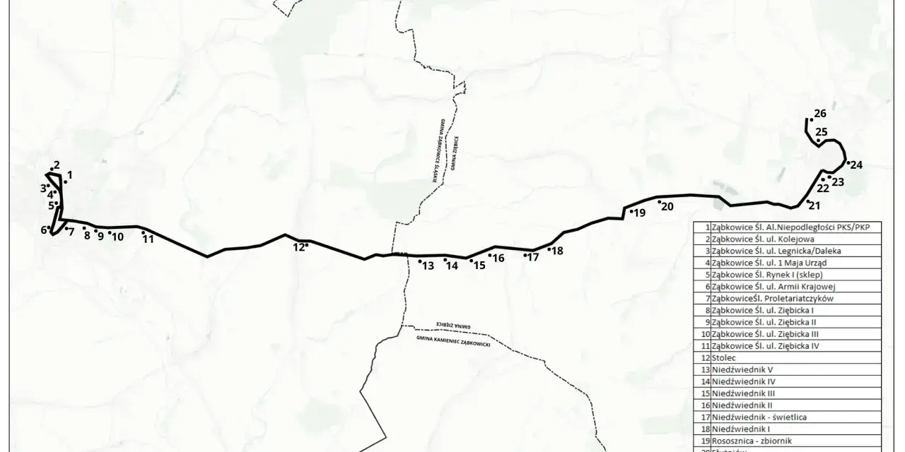 Mapa przebiegu linii autobusowej 103T Ziębice. Zobacz przystanki od Ząbkowic Śl. do Ziębic.
