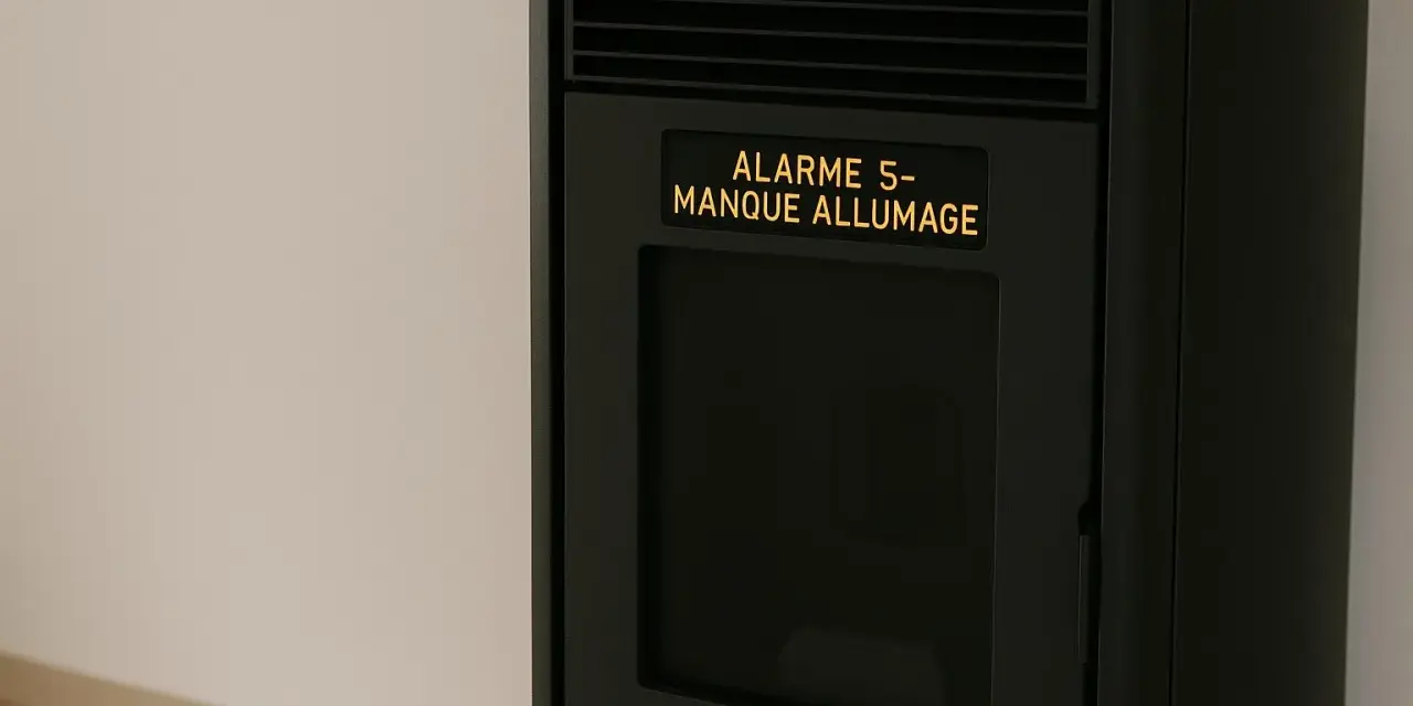 Poêle à granulés noir affichant "ALARME 5- MANQUE ALLUMAGE". Le poêle semble en panne.