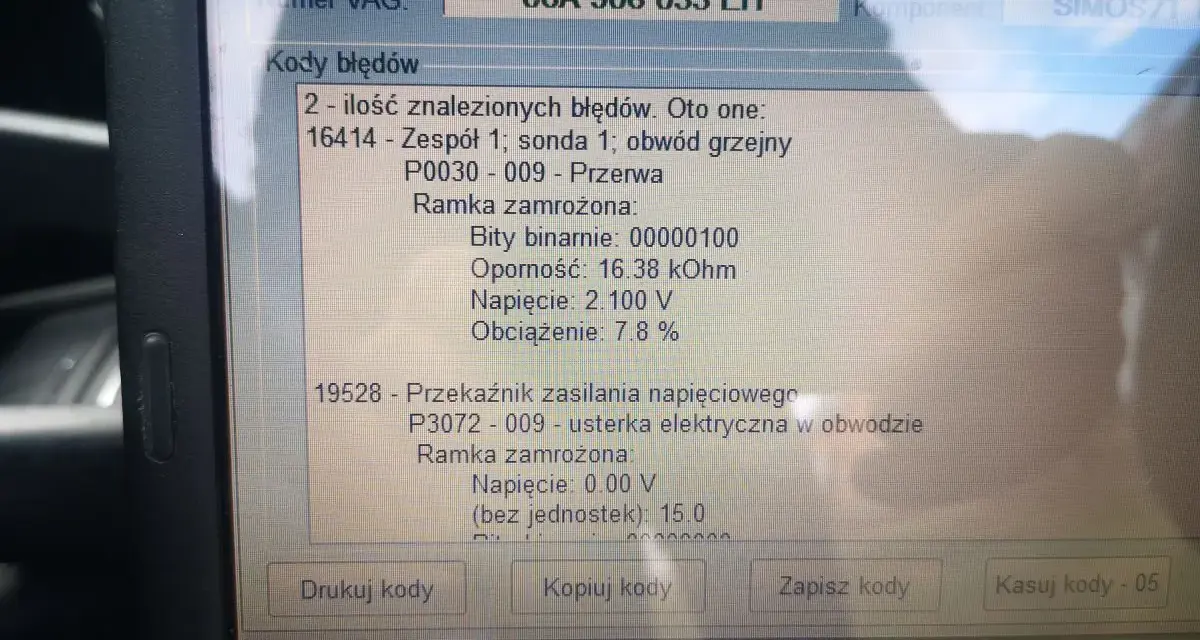Błąd DTC P0036 Audi: przerwa w obwodzie grzejnym sondy 1. Zapisane dane ramki zamrożonej.
