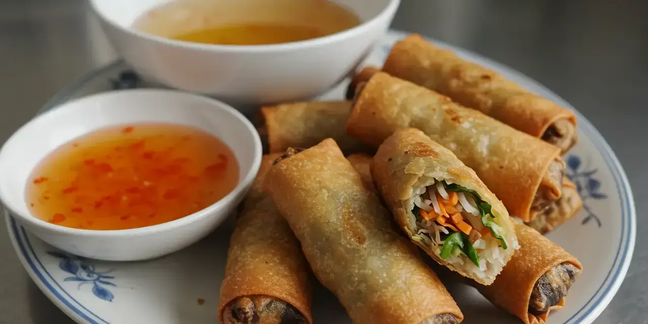 Chrupiące spring rolls z warzywnym farszem, podane z dwoma sosami. Idealne na przekąskę.