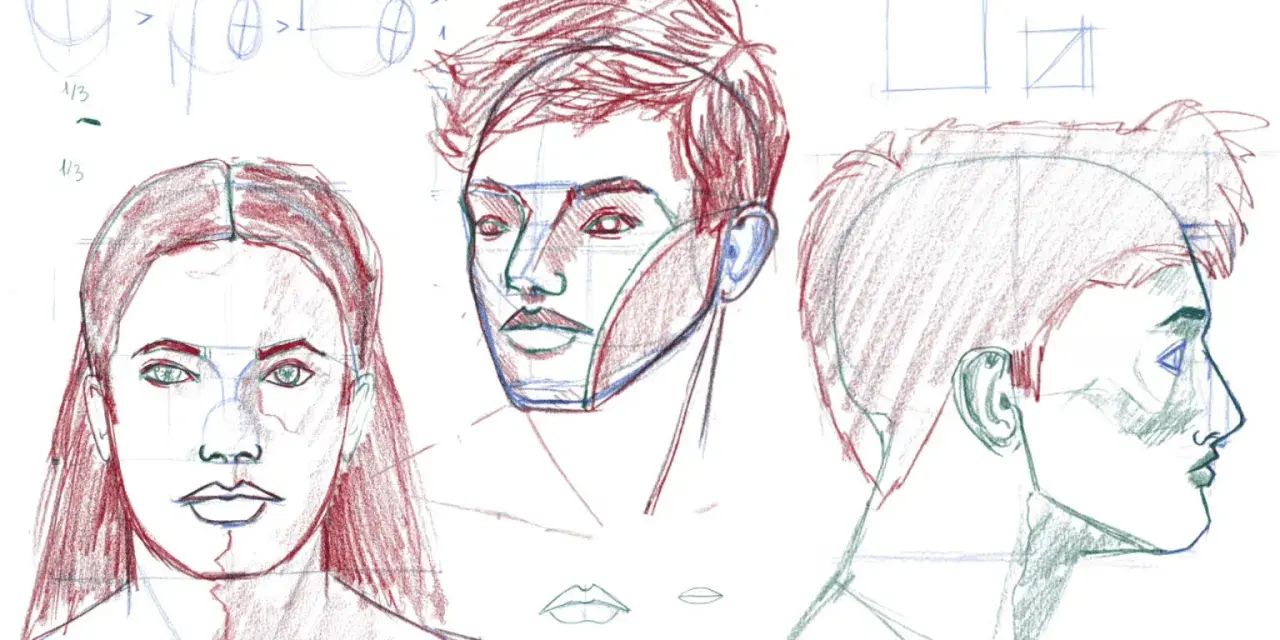 Étude de dessin de visage, montrant différentes vues et proportions. L'artiste explore la structure faciale avec des lignes bleues et des contours rouges.