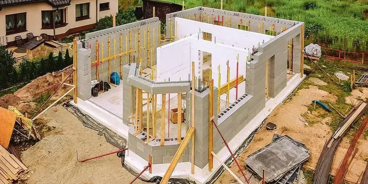 Budowa domu ze styropianu w toku. Ściany z bloczków betonowych i białego styropianu, zbrojenia i drewniane podpory.