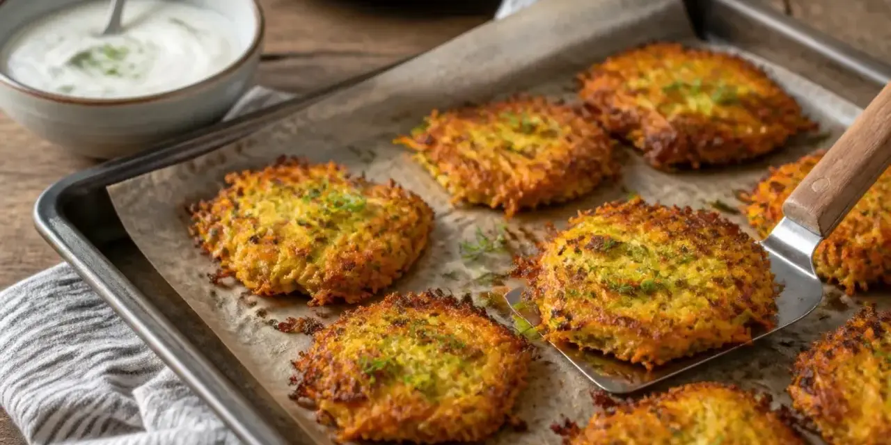 Goldbraune zucchini karotten puffer auf einem Backblech, frisch aus dem Ofen. Dazu ein Dip und frische Kräuter.