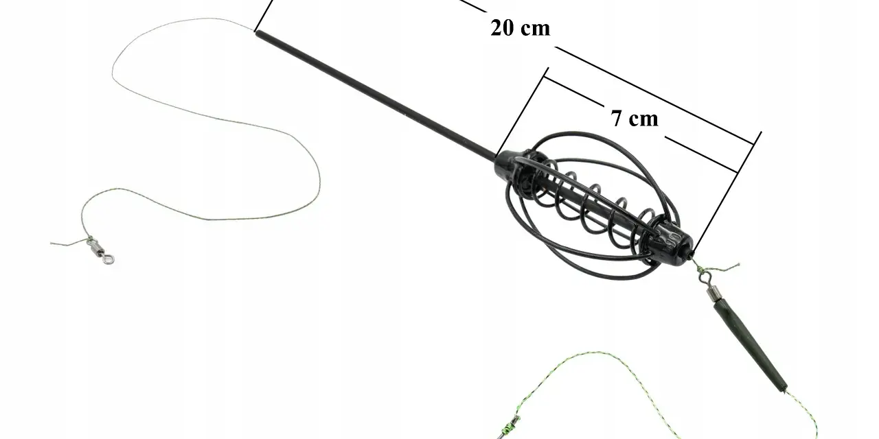 Gotowy zestaw gruntowy na lina: koszyczek, żyłka, haczyk i obciążenie. Długość 71 cm.